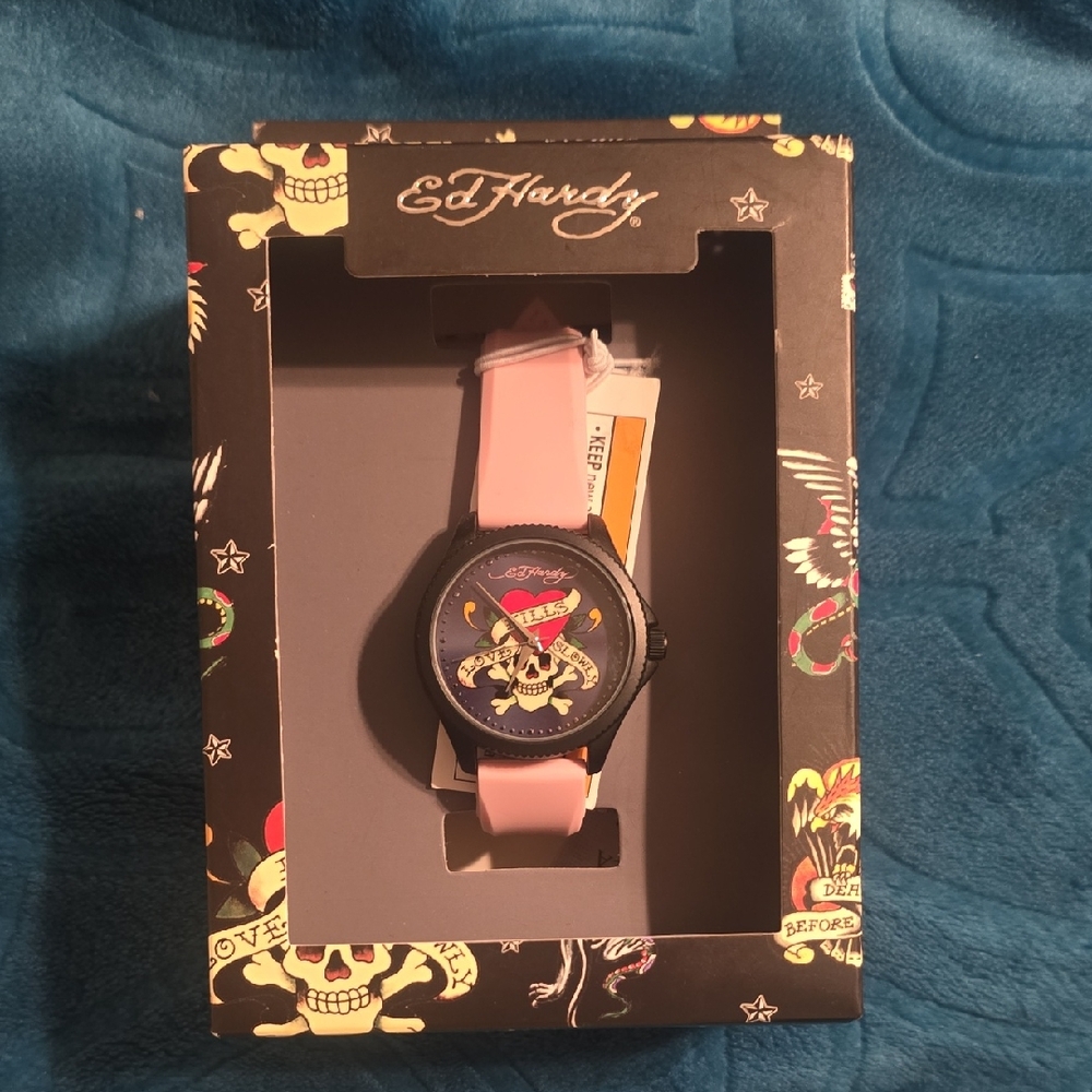 Ed Hardy Skull Watch with Pink Strap and Black Case